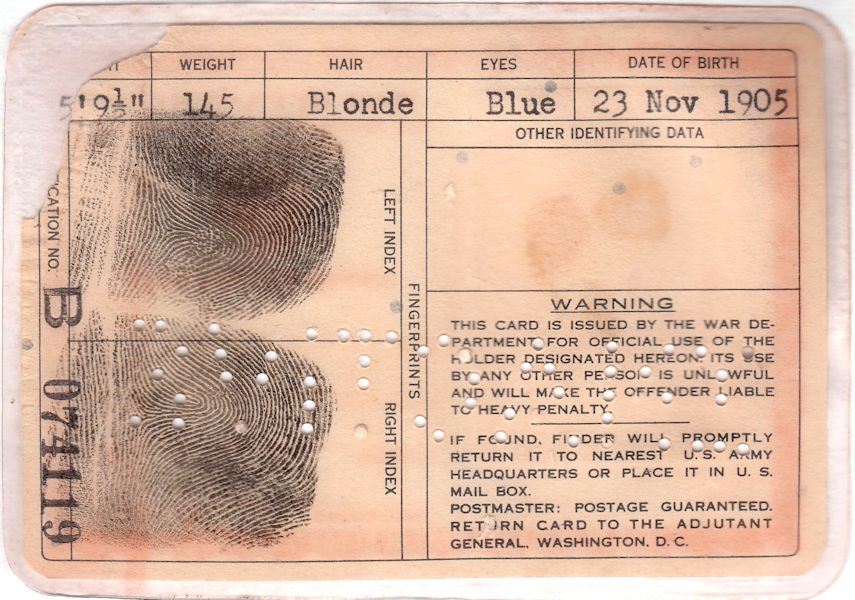 Rudi's War Department ID card, reverse side